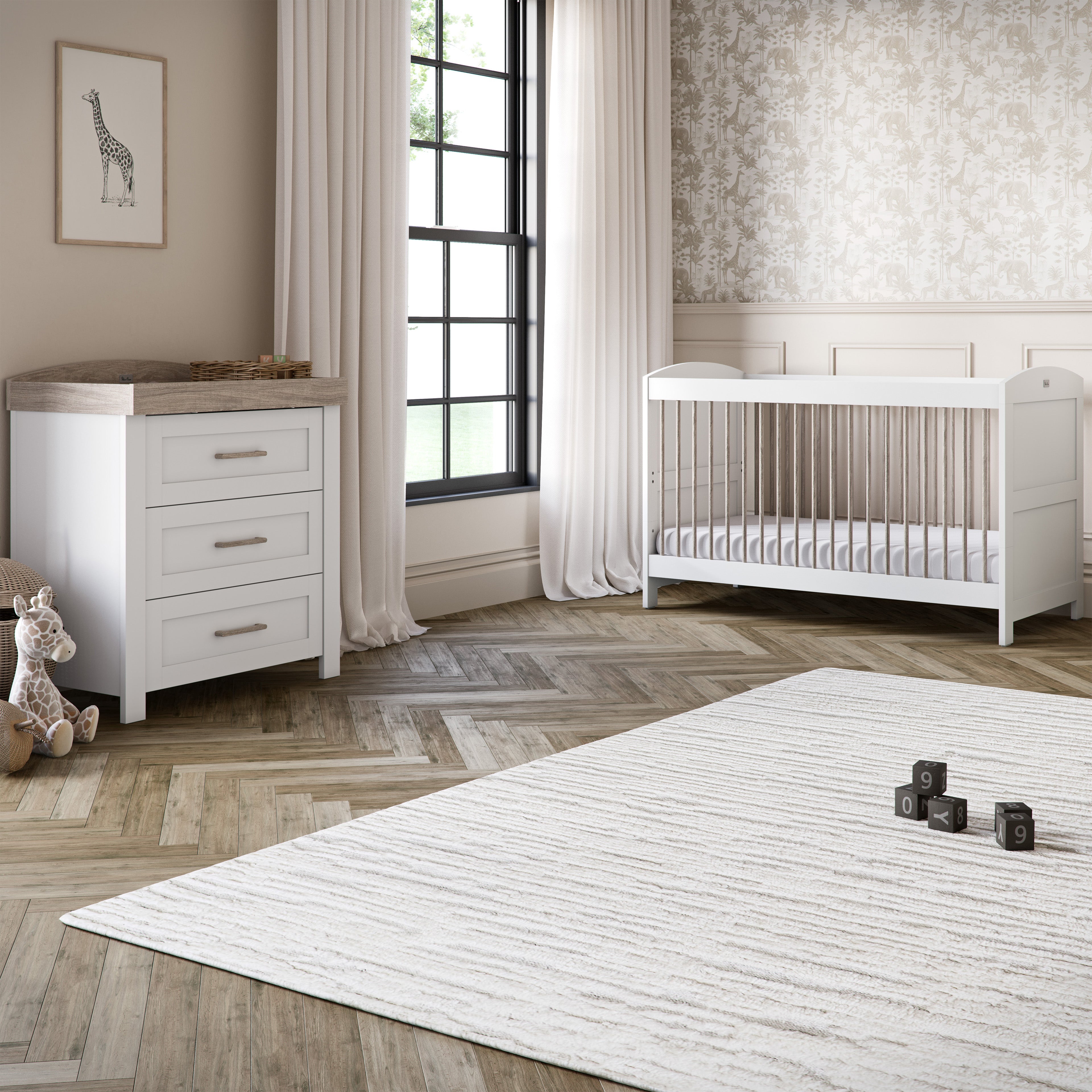 Valencia 2 Piece Nursery Set with Convertible Cot Bed to Toddler Bed & Dresser