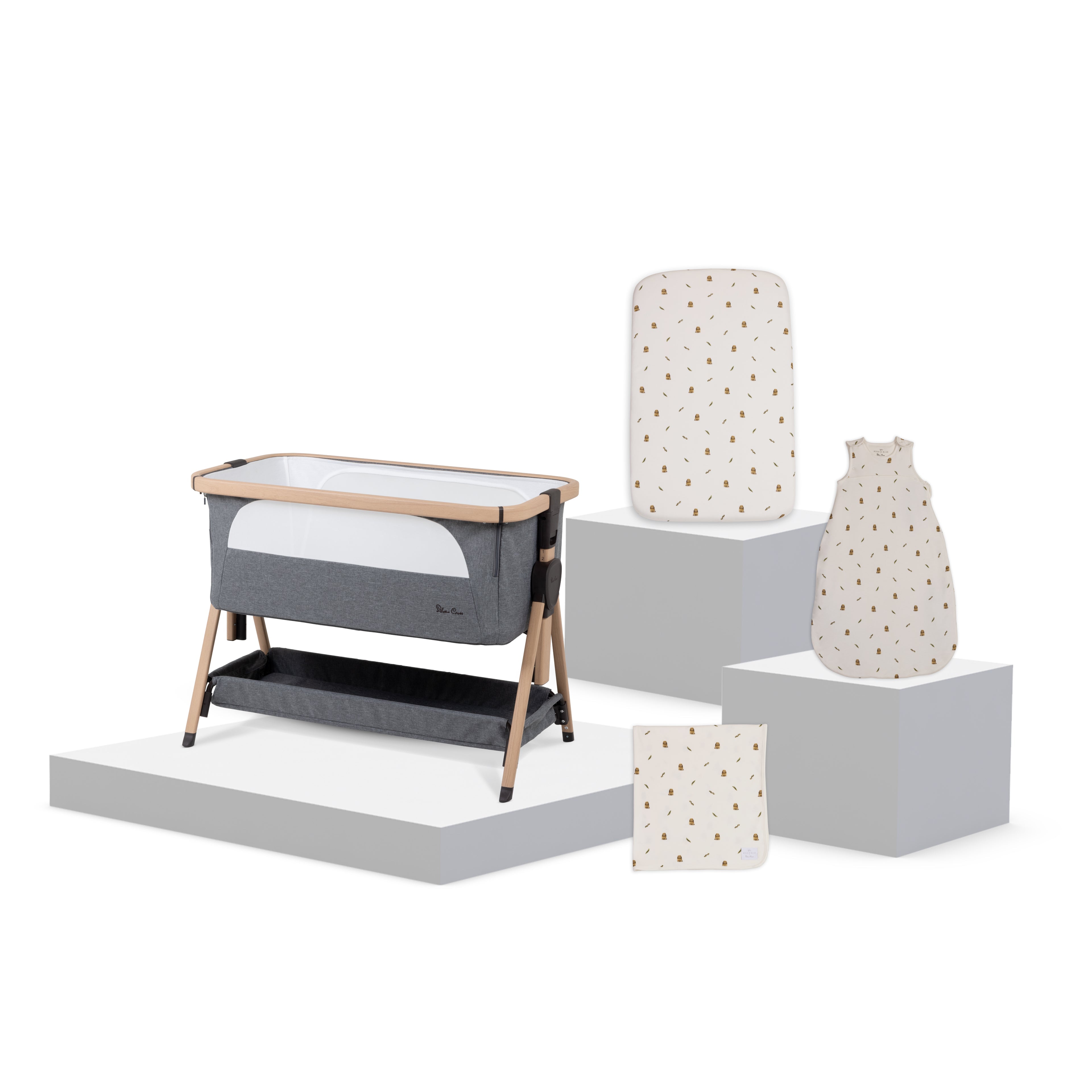 Lunar Bedside Crib Whisper Grey New Arrival Bundle - Bunny Print